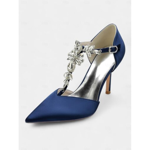 Women's Black Satin T-Strap Heels with Rhinestone Embellishments – Elegant Pointed-Toe Pumps for Weddings and Evening Parties 2025 - Image 3
