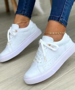 Women's White Casual Lace-Up Sneakers with Cushioned Sole - Trendy Everyday Walking Shoes 2025