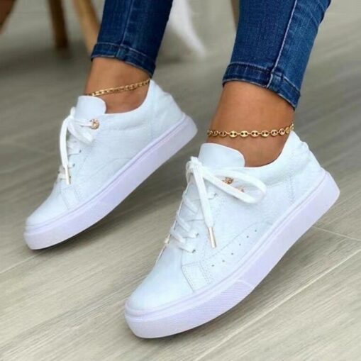 Women's White Casual Lace-Up Sneakers with Cushioned Sole - Trendy Everyday Walking Shoes 2025