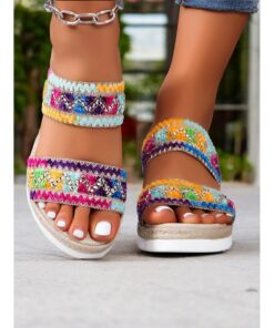 Women's Colorful Boho Embroidered Flat Sandals with Beaded Straps, Open-Toe Summer Shoes for Beach, Vacations, and Casual Outings 2025
