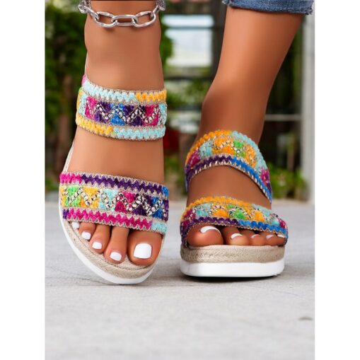 Women's Colorful Boho Embroidered Flat Sandals with Beaded Straps, Open-Toe Summer Shoes for Beach, Vacations, and Casual Outings 2025
