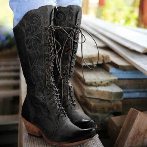 Vintage Red Lace-Up Western Cowboy Boots - Women's Knee-High Leather Boots for Country and Western Events 2025 - Image 2