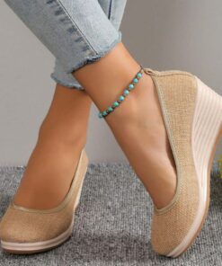 Women's Beige Woven Fabric Wedge Shoes – Comfortable Slip-On Platform Heels for Casual Summer and Daily Wear 2025