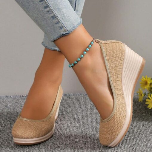 Women's Beige Woven Fabric Wedge Shoes – Comfortable Slip-On Platform Heels for Casual Summer and Daily Wear 2025