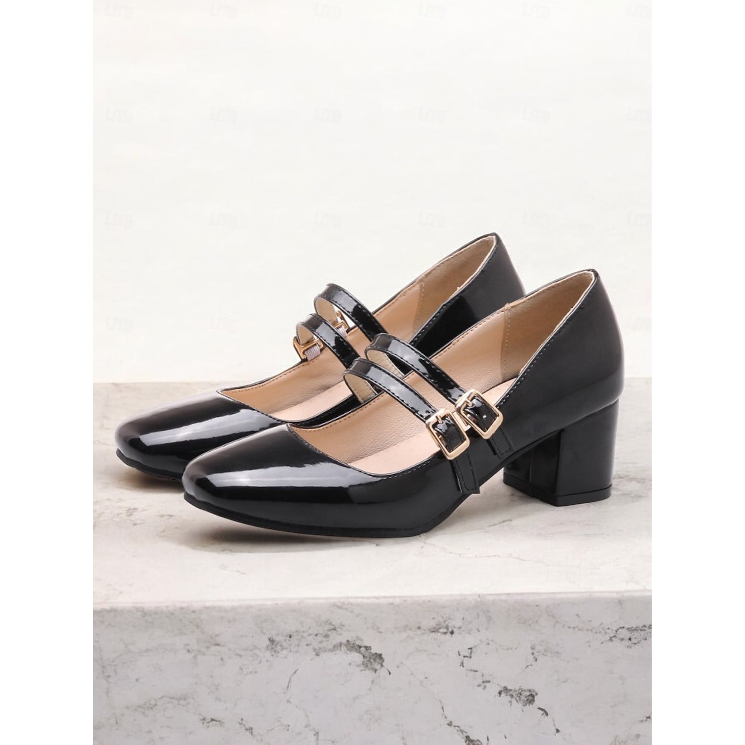 Women's Cream Patent Leather Mary Jane Block Heels with Double Buckle Straps, Vintage-Inspired for Formal and Casual Wear 2025 - Image 2