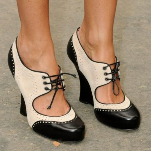 Women's Black and White Vintage Oxford Heels with Lace-Up Design, Retro Chunky Heel Shoes for Formal and Casual Wear 2025