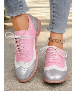 Women's Multicolor Oxford Shoes, Retro Wingtip Design with Green, Pink, and Purple Panels, Casual Lace-Up Brogues for Fashion and Daily Wear 2025