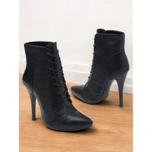 Women's Black Lace-Up Stiletto Ankle Boots with Brogue Detailing - Gothic Witch Shoes for Halloween and Cosplay 2025 - Image 2