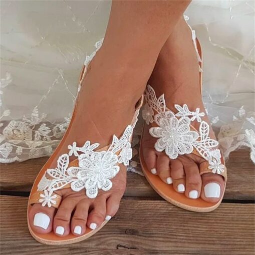 Women's White Floral Lace Bridal Sandals – Handmade Flat Wedding Sandals for Beach and Boho Weddings 2025