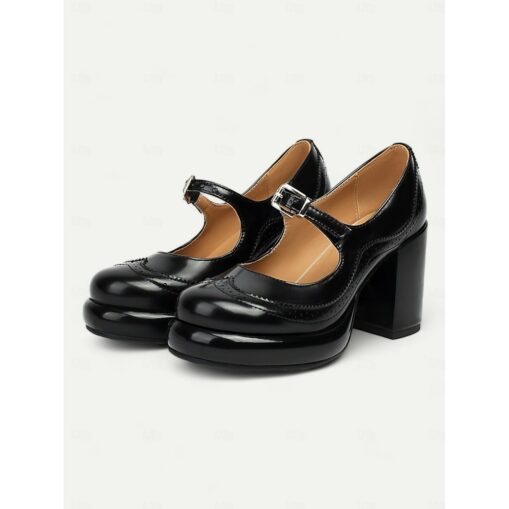 Women's Brown Patent Leather Mary Jane Block Heel Pumps with Brogue Detailing - Vintage-Inspired Dress Shoes for Office and Evening Wear 2025 - Image 2