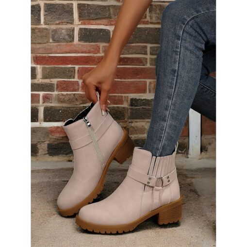 Women's Grey Ankle Boots – Stylish Block Heel with Strap Details, Side Zip, and Rugged Sole for Casual and Outdoor Wear 2025 - Image 3
