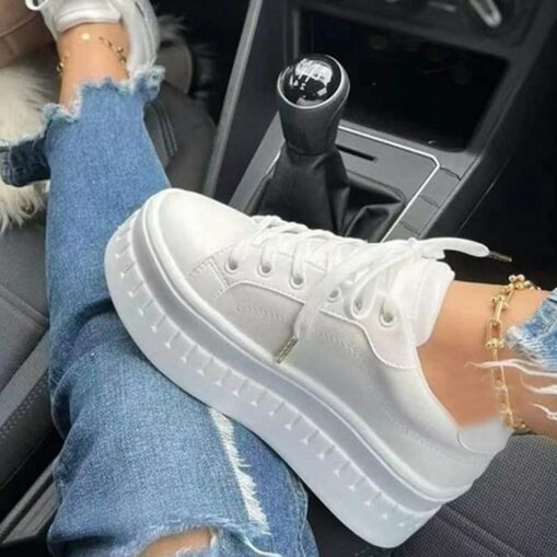 Women's White Platform Lace-Up Sneakers with Chunky Sole - Trendy Casual Shoes for Streetwear and Everyday Style 2025