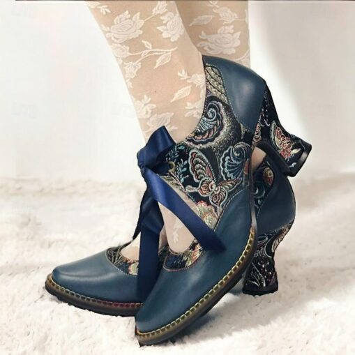 Women's Vintage Floral Lace-Up Heels – Elegant Green & Gold Victorian-Style Shoes for Special Occasions 2025 - Image 2