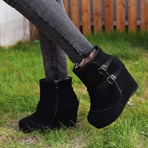 Women's Faux Suede Wedge Ankle Boots with Double Buckle and Side Zipper – Casual and Stylish Footwear 2025 - Image 3