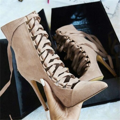 Women's Grey Suede Lace-Up Stiletto Ankle Boots – Elegant Pointed Toe High Heels for Parties and Formal Events 2025 - Image 3