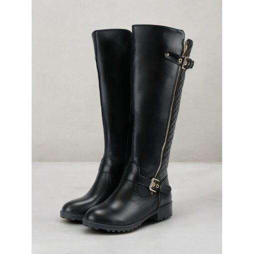 Women's Black Riding Knee-High Boots with Quilted Back and Gold Zipper – Stylish Equestrian-Inspired Winter Footwear 2025 - Image 2