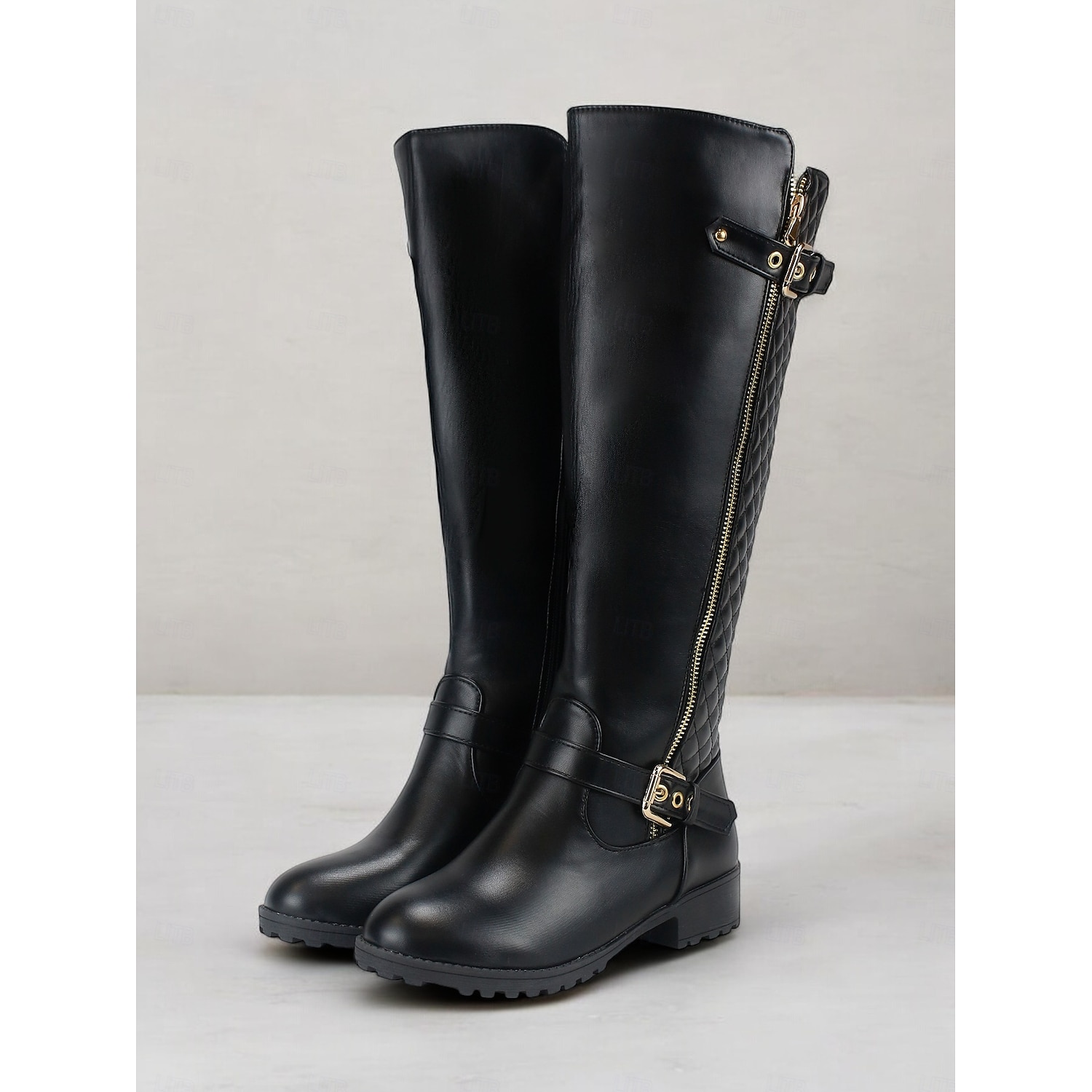 Women's Black Riding Knee-High Boots with Quilted Back and Gold Zipper – Stylish Equestrian-Inspired Winter Footwear 2025 - Image 2