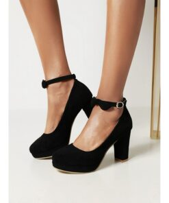 Women's Black Suede Block Heel Dress Shoes with Ankle Strap - Elegant High Heels for Formal Occasions 2025
