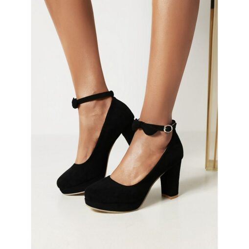 Women's Black Suede Block Heel Dress Shoes with Ankle Strap - Elegant High Heels for Formal Occasions 2025