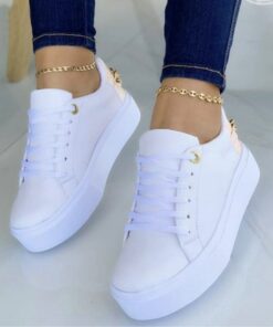 Women's White Platform Sneakers with Gold Accents – Comfortable Lace-Up Casual Shoes for Everyday Wear 2025