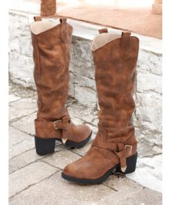 Women's Brown Knee-High Boots with Buckle Details and Block Heels – Stylish Western-Inspired Footwear for Casual and Outdoor Outfits 2025