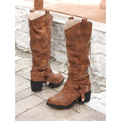 Women's Brown Knee-High Boots with Buckle Details and Block Heels – Stylish Western-Inspired Footwear for Casual and Outdoor Outfits 2025