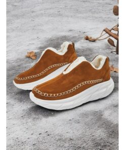 Women's Brown Faux Suede Slip-On Sneakers with Warm Fleece Lining and Chunky Sole – Cozy Winter Casual Shoes for Outdoor Wear 2025