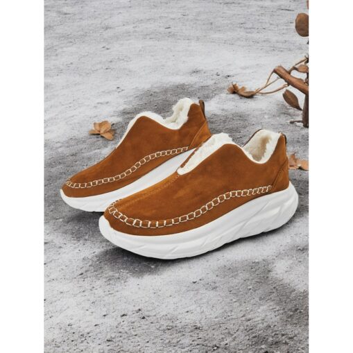 Women's Brown Faux Suede Slip-On Sneakers with Warm Fleece Lining and Chunky Sole – Cozy Winter Casual Shoes for Outdoor Wear 2025