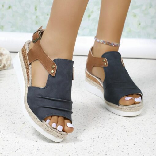 Women's Wedge Sandals Leather Slingback Sandals T-Bar Diamante Lightweight Sandals Summer Walking Shoe Open Toe Sandals Touch Fasten Sandal Brown Blac - Image 4