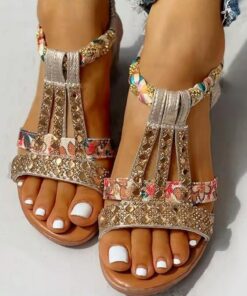 Women's Wedge Sandals with Rhinestone Embellishments – Comfortable Elastic Straps and Floral Patterned Details for Casual Summer Wear 2025