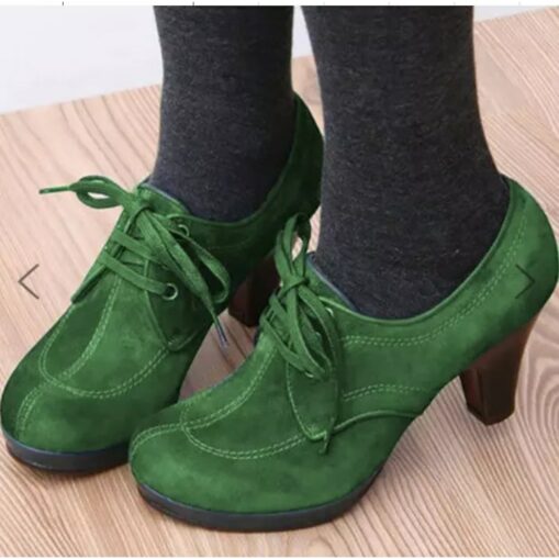 Women's Blue and Green Suede Lace-Up Heeled Oxford Shoes - Vintage-Inspired Platform Ankle Boots for Casual and Dressy Outfits 2025 - Image 2
