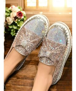 Sparkling Rhinestone Loafers for Women – Glittery Slip-On Flats with Bow Design for Weddings, Parties, and Special Occasions 2025