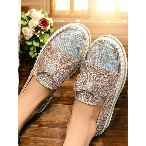 Sparkling Rhinestone Loafers for Women – Glittery Slip-On Flats with Bow Design for Weddings, Parties, and Special Occasions 2025
