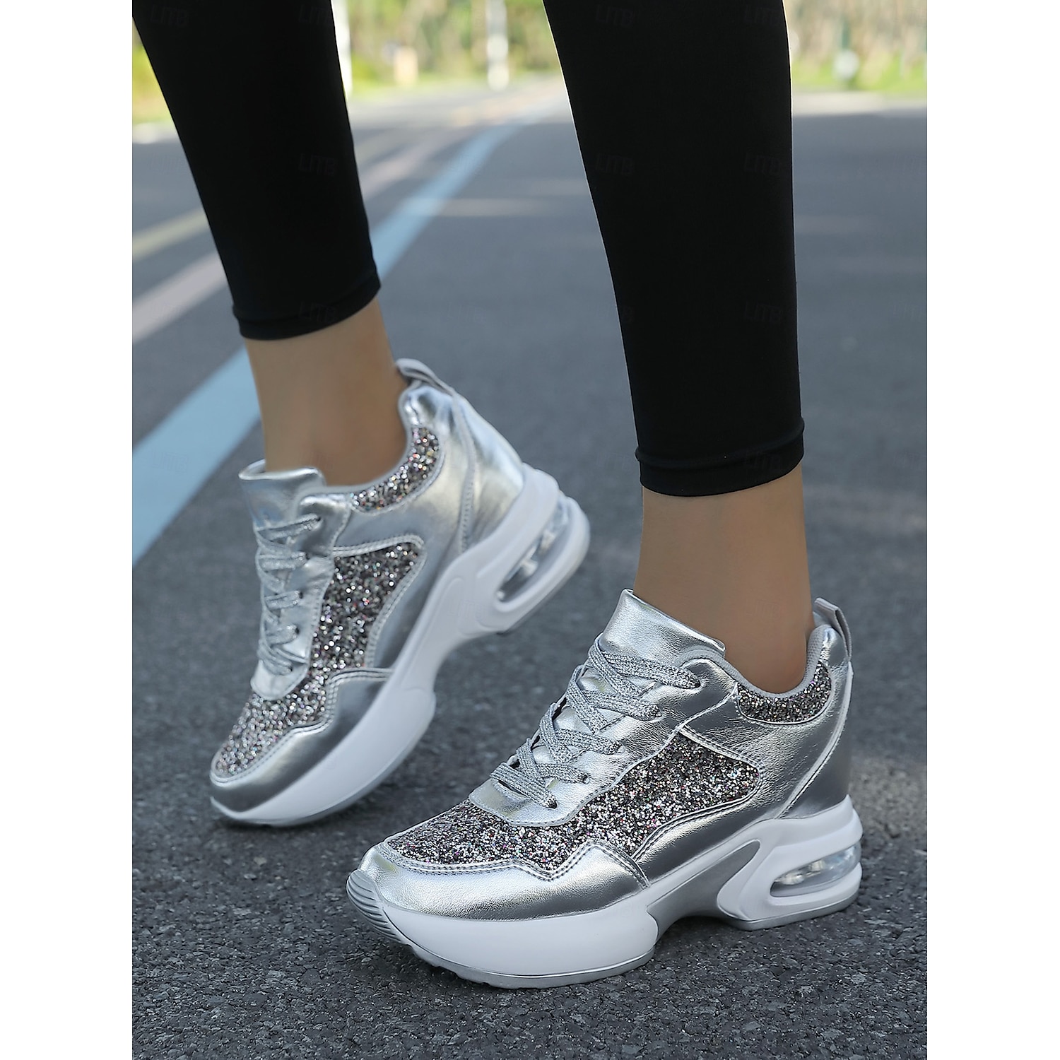 Women's Glitter Platform Sneakers with Air Cushion Sole – Sparkling Black Lace-Up Athletic Shoes for Casual and Party Wear 2025 - Image 3