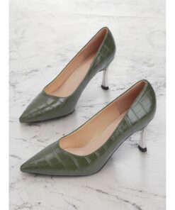 Women's Green Crocodile Embossed Faux Leather Pumps with Stiletto Heel and Pointed Toe - Elegant and Versatile for Work or Night Out 2025