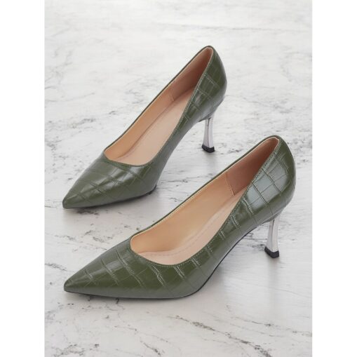 Women's Green Crocodile Embossed Faux Leather Pumps with Stiletto Heel and Pointed Toe - Elegant and Versatile for Work or Night Out 2025