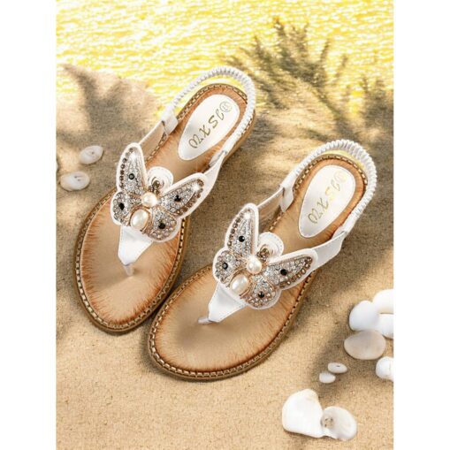 Women's Butterfly Rhinestone Flat Sandals – Elegant Beach Flip-Flops with Pearl Embellishment for Summer & Vacation 2025 - Image 2