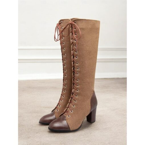 Women's Victorian Vintage Lace-Up Knee-High Boots – Green Suede and Leather, Side Zipper and Chunky Heel – Elegant Retro Style for Special Occasions 2 - Image 2
