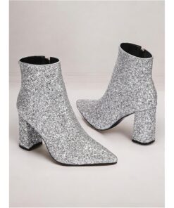 Women's Silver Glitter Ankle Boots with Block Heels, Sparkling and Chic for Parties and Special Occasions 2025
