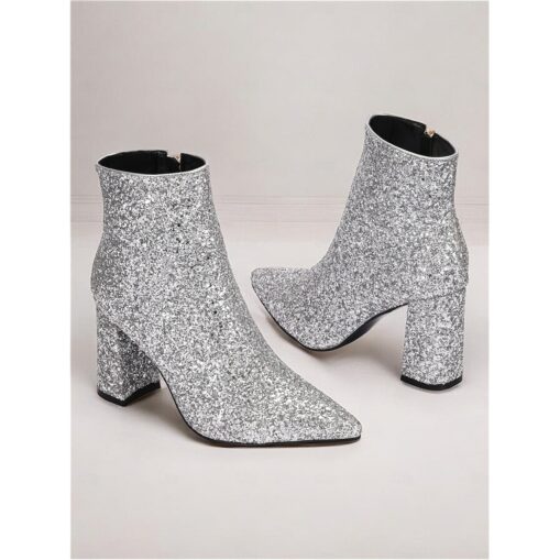 Women's Silver Glitter Ankle Boots with Block Heels, Sparkling and Chic for Parties and Special Occasions 2025