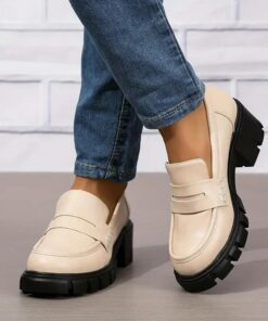Women's Chunky Heeled Loafers Solid Color Round Toe PU Leather Shoes Versatile Platform Shoes 2025