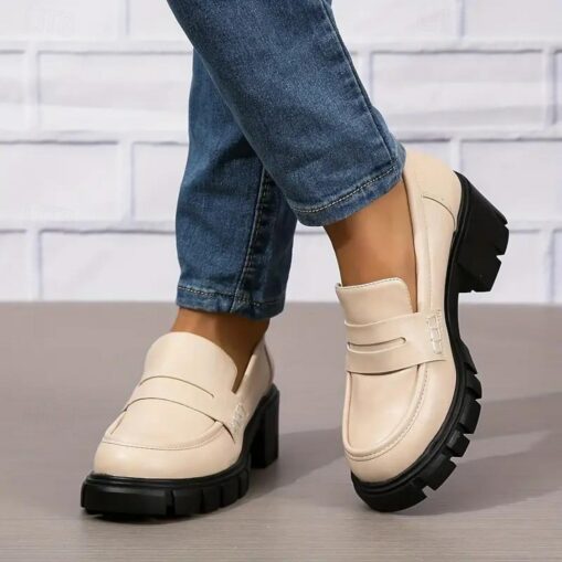 Women's Chunky Heeled Loafers Solid Color Round Toe PU Leather Shoes Versatile Platform Shoes 2025
