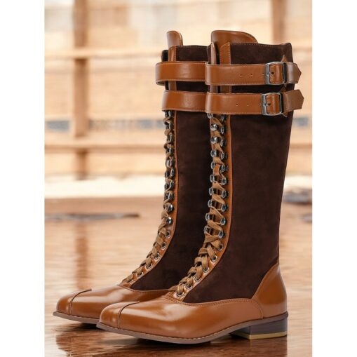 Women's Burgundy Faux Suede and Black Faux Leather Knee-High Lace-Up Boots – Vintage-Inspired Design with Double Buckle Straps, Perfect for Casual and - Image 2