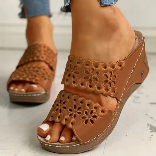 Women's Black Wedge Sandals with Floral Cutout Design – Comfortable Summer Slip-On Shoes with Stitch Detailing 2025 - Image 6