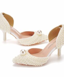 Women's Elegant Pearl-Embellished Pointed Toe Kitten Heel Pumps - Ivory Bridal Shoes with D'Orsay Design and Decorative Pearls 2025