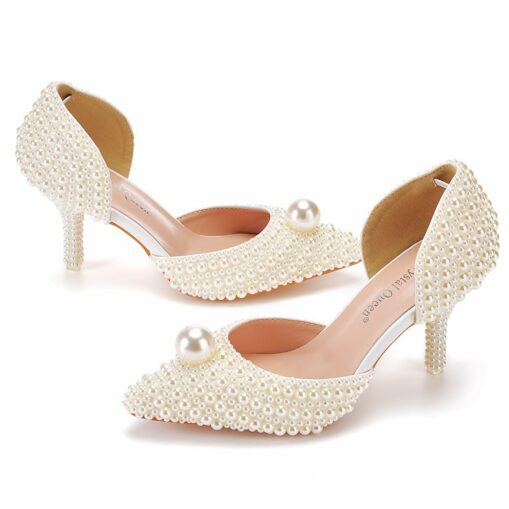 Women's Elegant Pearl-Embellished Pointed Toe Kitten Heel Pumps - Ivory Bridal Shoes with D'Orsay Design and Decorative Pearls 2025