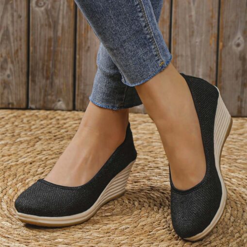 Women's Beige Woven Fabric Wedge Shoes – Comfortable Slip-On Platform Heels for Casual Summer and Daily Wear 2025 - Image 2