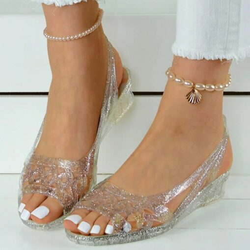 Sparkling Silver Glitter Women's Jelly Sandals - Elegant Slip-On Style with Rhinestone Embellishments, Perfect for Beach Weddings and Summer Parties 2