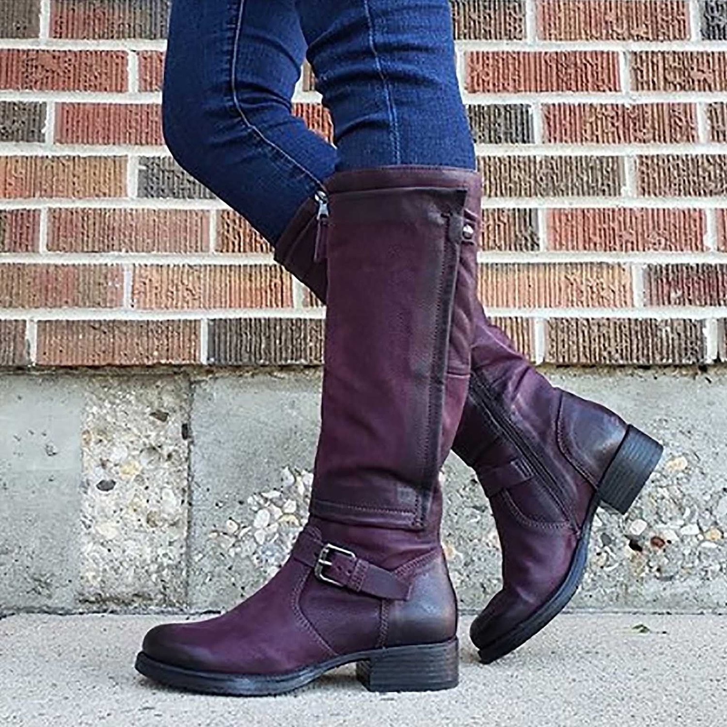 Women's Black Faux Leather Knee-High Boots with Buckle Strap and Low Block Heel - Stylish and Comfortable Fall and Winter Footwear 2025 - Image 5