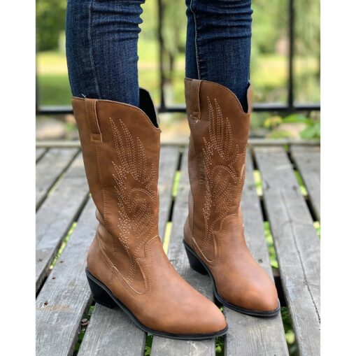 Women's Western Cowboy Boots – Classic Mid-Calf Brown Faux Leather with Embroidered Design, Perfect for Casual Wear, Festivals, and Country Outfits 20 - Image 2